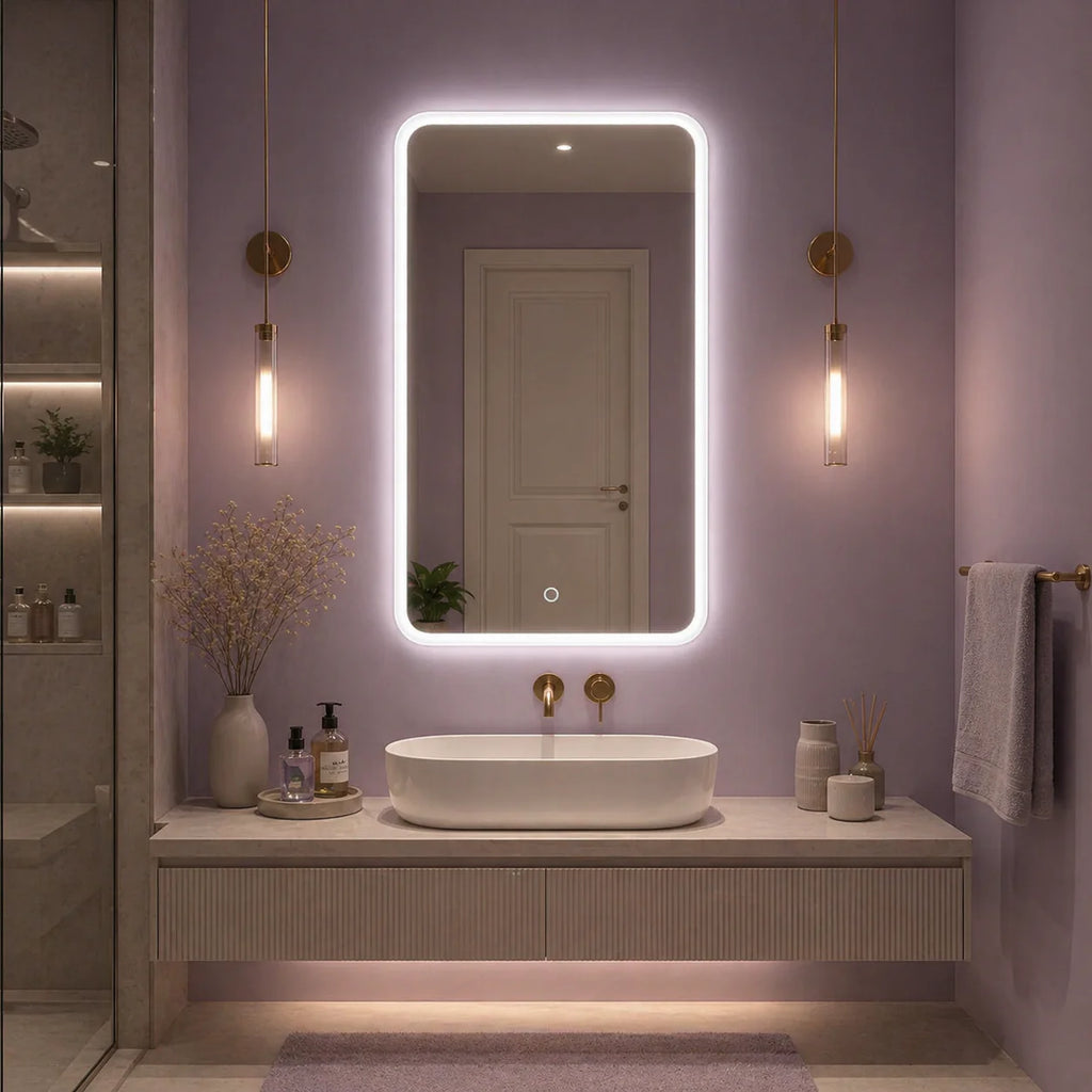 Oglinda LED Premium 80x60 cm Dreptunghiulara Iluminare Ambientala Touch 3 Culori Design Modern Minimalist