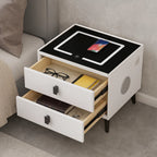 Noptiera Smart Multifunctionala, iluminare LED tactil cu 3 culori, incarcare wireless si USB, difuzor Bluetooth, 2 sertare