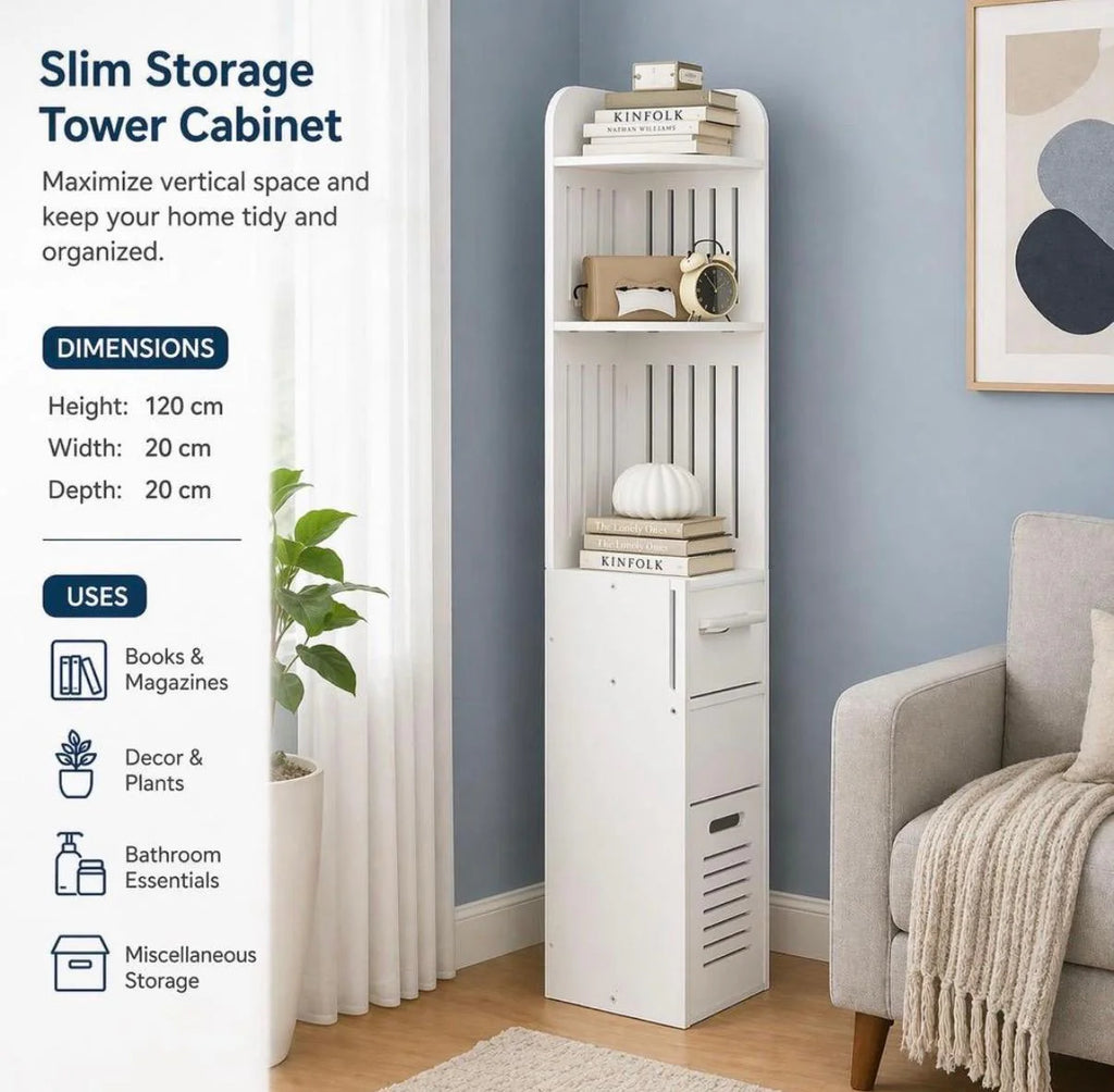 Organizator Baie Vertical 120cm Alb cu Rafturi si Sertar Mobilier Slim Multifunctional
