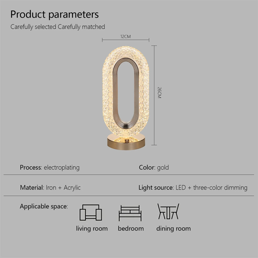Lampă LED Cristal, Lumina Ambientală 3 Culori, Control Touch, Reîncărcabilă USB, Portabilă, Auriu