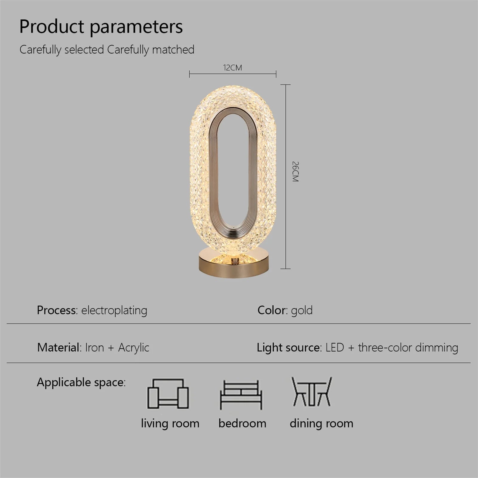 Lampă LED Cristal, Lumina Ambientală 3 Culori, Control Touch, Reîncărcabilă USB, Portabilă, Auriu
