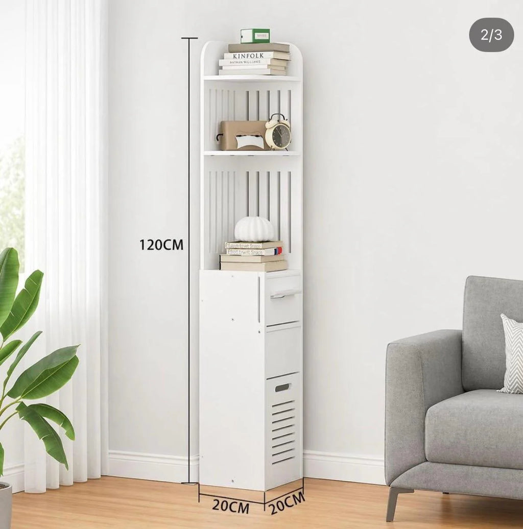 Organizator Baie Vertical 120cm Alb cu Rafturi si Sertar Mobilier Slim Multifunctional