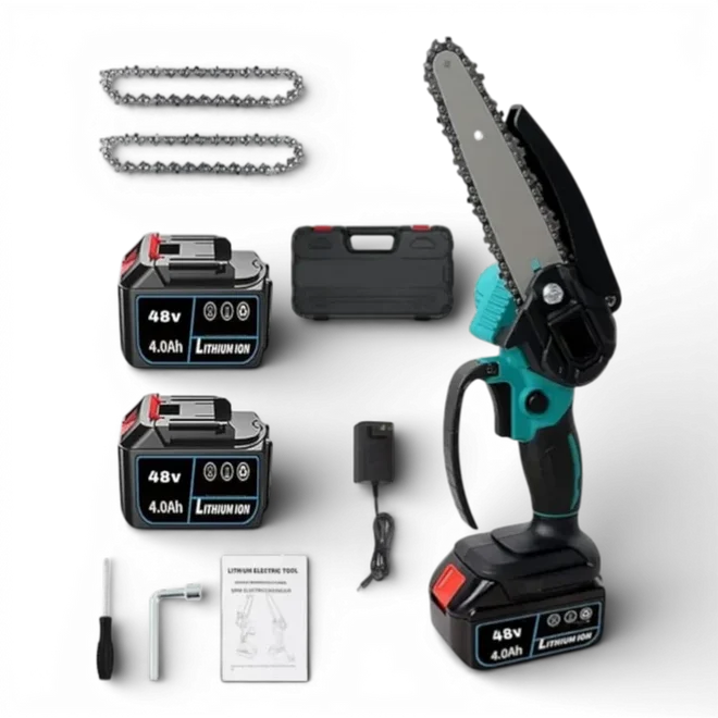 Mini drujbă electrică fără fir 6 inch, 48V, 2 acumulatori Li-Ion, set complet cu lanț și accesorii