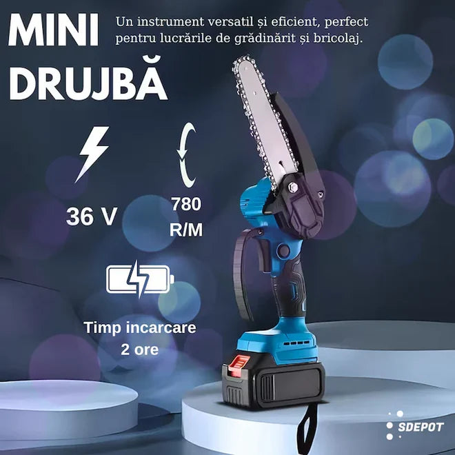 Mini drujbă electrică fără fir 6 inch, 48V, 2 acumulatori Li-Ion, set complet cu lanț și accesorii