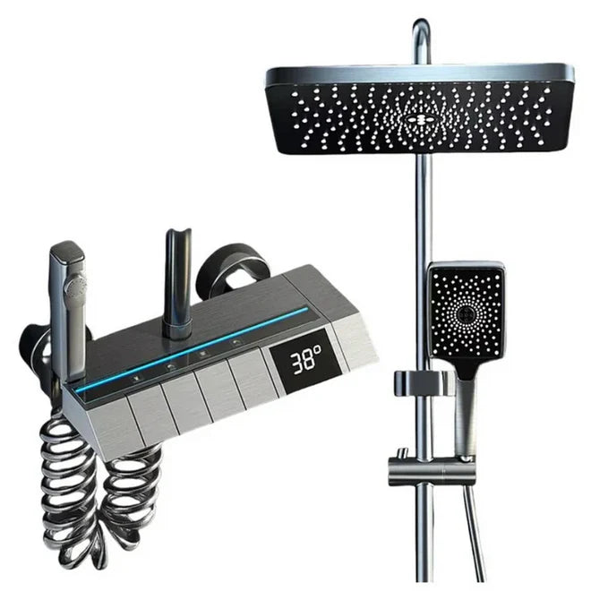 Set de dus cu afisaj LED si control termostatic, 4 moduri de pulverizare, sistem cu aer, din inox