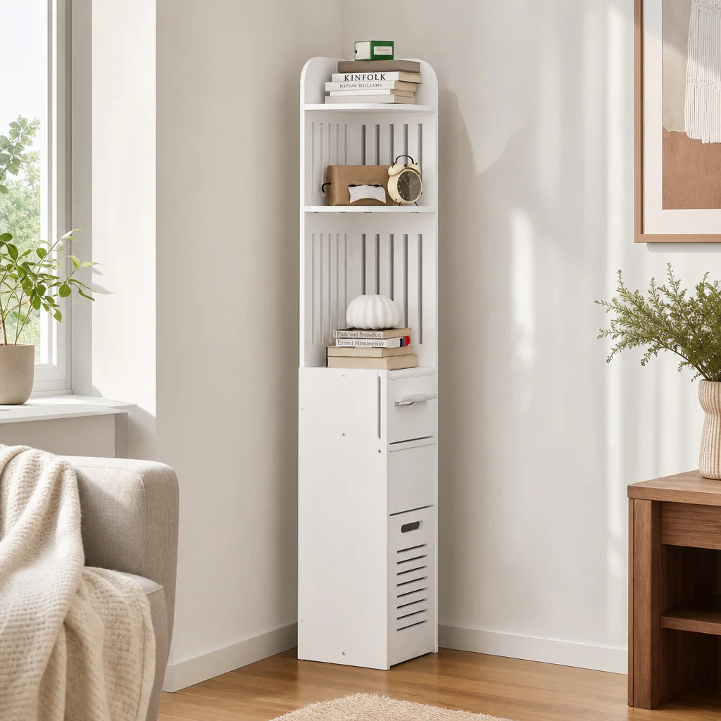 Organizator Baie Vertical 120cm Alb cu Rafturi si Sertar Mobilier Slim Multifunctional