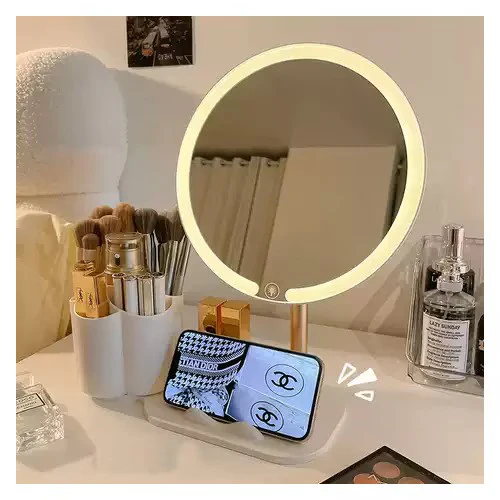 Oglinda cosmetica, cu iluminare LED, suport pentru telefon, organizator de farduri, din ABS si sticla, cu picior, baza