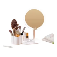 Oglinda cosmetica, cu iluminare LED, suport pentru telefon, organizator de farduri, din ABS si sticla, cu picior, baza