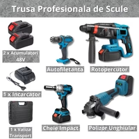 Trusa 4 piese cu acumulator, autofiletanta, rotopercutor, polizor unghiular, bormasina