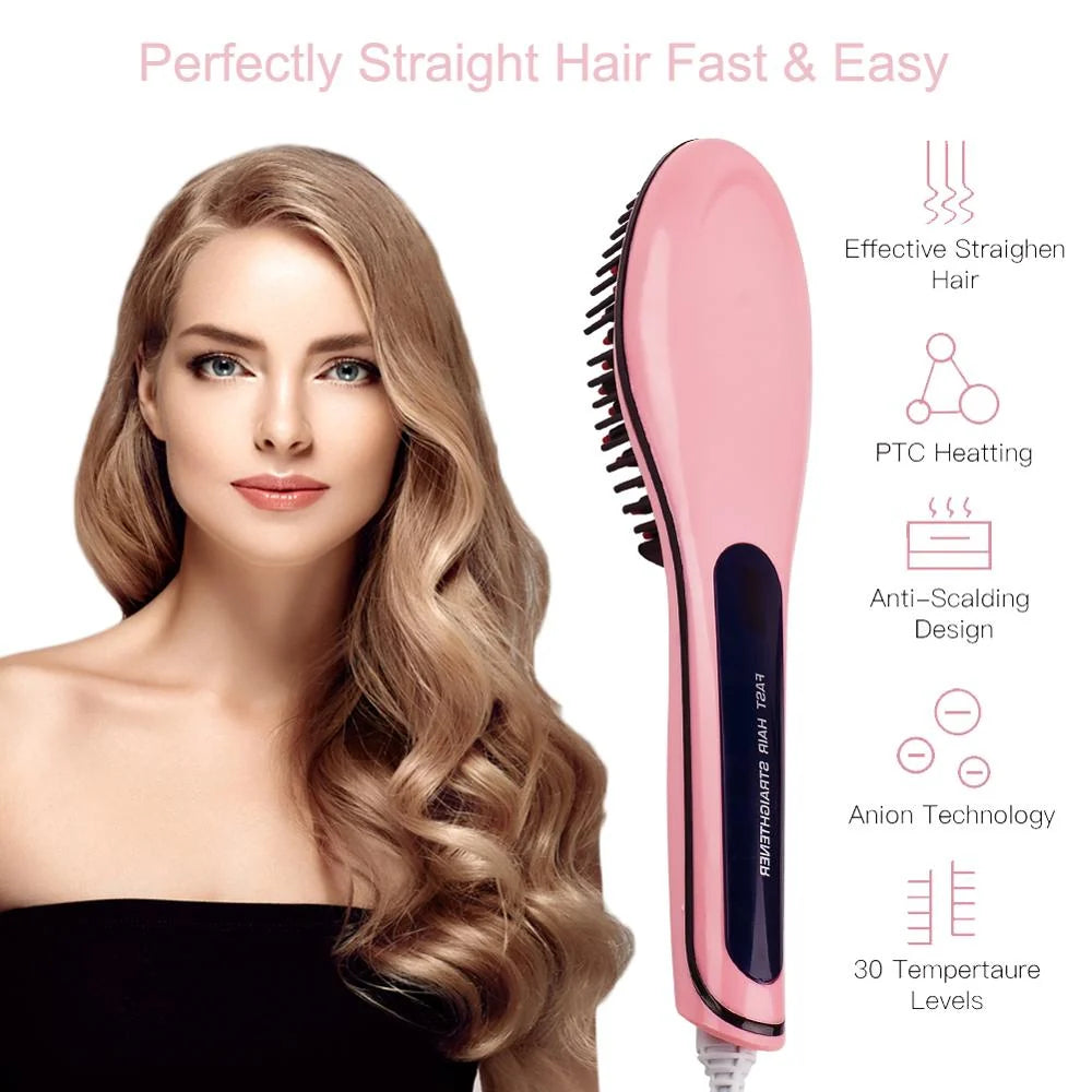 Perie electrica pentru indreptarea parului, cu ecran LCD, Straight Brush, Roz