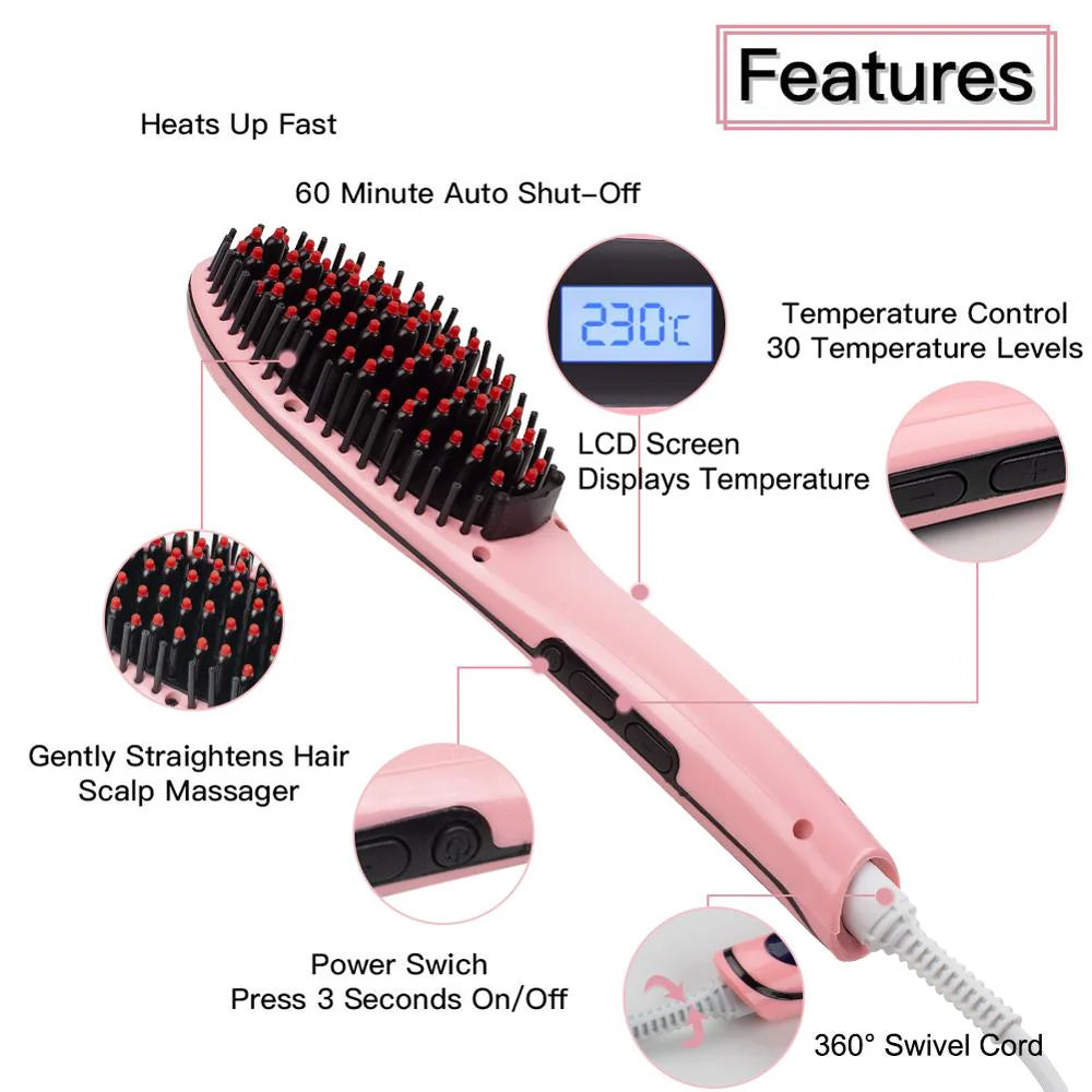 Perie electrica pentru indreptarea parului, cu ecran LCD, Straight Brush, Roz